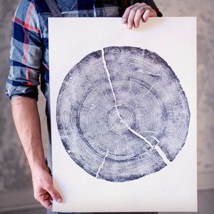 May include: A black and white print of a tree trunk cross section. The print shows the rings of the tree, with a crack running through the center.