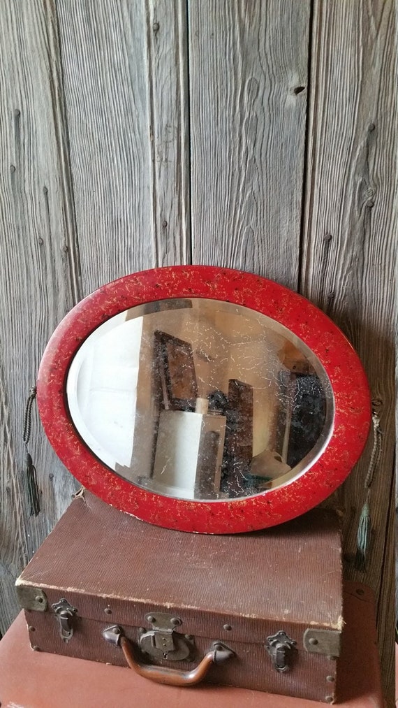 Art Deco Red Beveled Mirror With Original Tassels 1920s Or Art Deco Red Beveled Mirror With