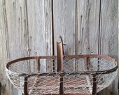 Large Vintage Antique French Wire Oyster Basket  -  French Vintage Wire and Metal Oyster Basket with Wooden Handle