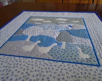 Quilted Table Topper, Blue Hill Scene, Handmade Candle Mat