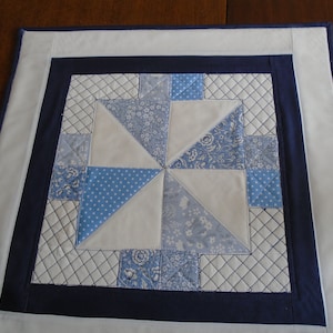Quilted Table Topper, 19&quot; Square Table Runner, Modern Contemporary Quilted Wall Hanging, Blue Quilted Table Mat, Quilted Candle Mat
