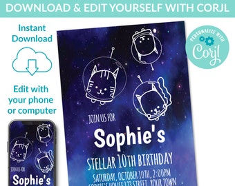 Space Cats Invito Compleanno Modificabile Download Istantaneo Scarica PDF, PNG JPEG Astronauti Cat cosmici