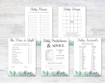 Succulent Baby Shower Game Pack Printable Instant Download | 5 Baby Shower Games