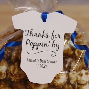 Thanks for Poppin&#39; By Baby Shower Favor Tags Editable Digital Download | Popcorn Baby Onesie Party Favor Tags