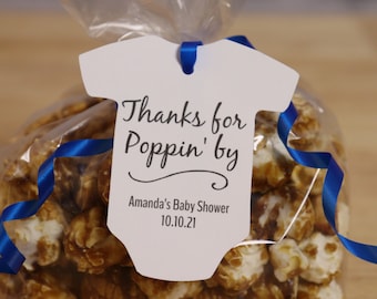Thanks for Poppin' By Baby Shower Favor Tags Editable Digital Download | Popcorn Baby Onesie Party Favor Tags