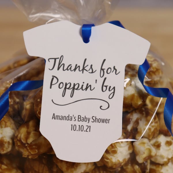 Thanks for Poppin' By Baby Shower Favor Tags Editable Digital Download | Popcorn Baby Onesie Party Favor Tags