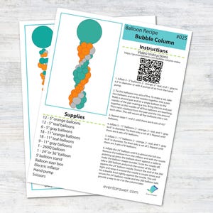 May include: Two white cards with instructions for a bubble column balloon decoration. The cards feature a teal and orange balloon design. Text includes "Balloon Recipe Bubble Column" and a list of supplies.