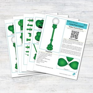 May include: A stack of instructional sheets for creating a balloon lamp post. The sheets feature diagrams and instructions, including a list of supplies. The finished lamp post is green with a white globe at the top. The text includes "Balloon Recipe" and "Video Instructions".