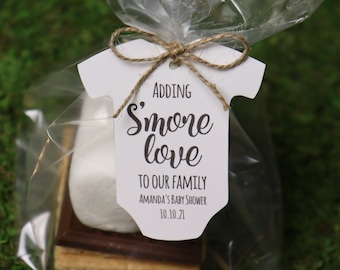 Dodawanie etykiet na upominki na baby shower z motywem S'more Love Edytowalne cyfrowe pobieranie | Etykiety na upominki na imprezę dla niemowląt