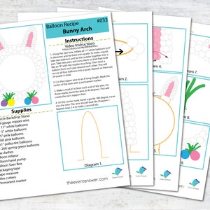Peut inclure: Instructions imprimées pour une arche de lapin en ballons, avec des schémas et une liste de fournitures. Les instructions expliquent comment créer l'arche à l'aide de ballons blancs et roses, de fil de cuivre et d'un support de cercle. Décoration festive de Pâques.