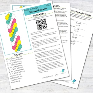 May include: A set of printed instructions for creating a balloon column, featuring a diagram of the finished product. The instructions include a list of supplies, including yellow, blue, pink, and white balloons, and a custom color guide.