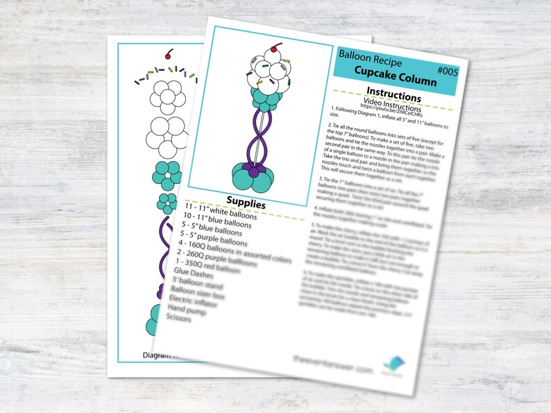 Pu&ograve; includere: Un tutorial di scultura di palloncini per una colonna a forma di cupcake. Le istruzioni includono un elenco di materiali e un diagramma che mostra come assemblare i palloncini. Il prodotto finito &egrave; una colonna alta e colorata di palloncini a forma di cupcake.