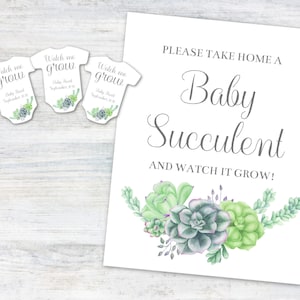 May include: A white sign with the text "PLEASE TAKE HOME A Baby Succulent AND WATCH IT GROW!" with a watercolor illustration of green succulents. Three small white tags with the text "Watch me grow" and a watercolor illustration of a succulent are also included.