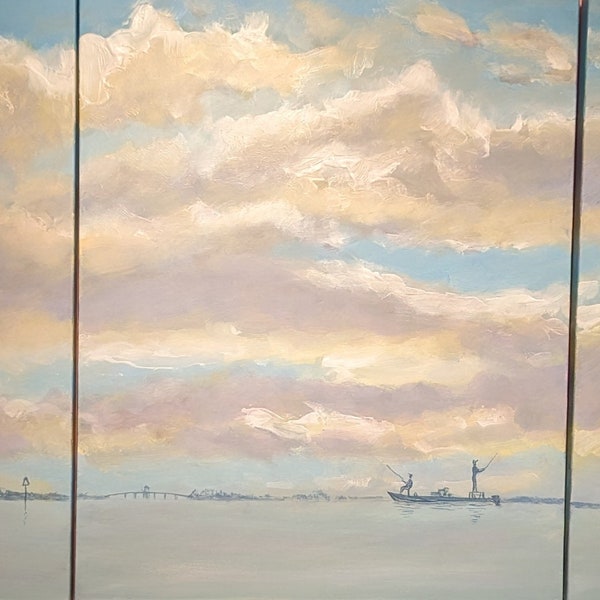 Fishing Bliss, Gasparilla Sound. Acrylic triptych painting by Gail Cleveland