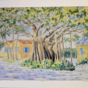 Banyan on 9th Street, Boca Grande, 14&quot;x 20&quot; unframed giclee print, reproduced from original watercolor by Gail Cleveland