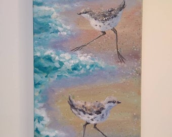 Two baby sandpipers running the beach, original acrylic painting by Gail Cleveland. 12"x24" wrap around canvas.