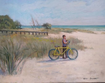 Sharkey's Pier Bike Rider, original oil painting by Wini Smart