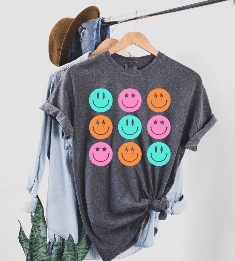 Smile shirt, smiley, smile face shirt, womens T-shirt, womens, smiley T-shirt, womens smiley shirt, face, neon, popular T-shirts, T-shirt image 1