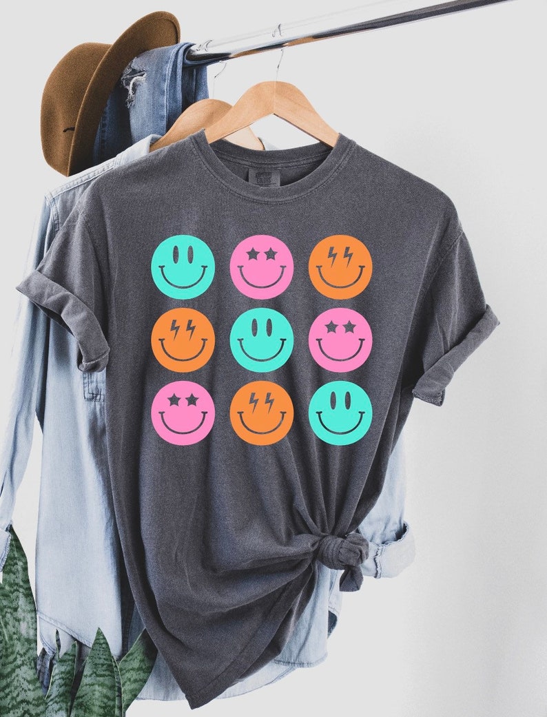 Smile shirt, smiley, smile face shirt, womens T-shirt, womens, smiley T-shirt, womens smiley shirt, face, neon, popular T-shirts, T-shirt image 3