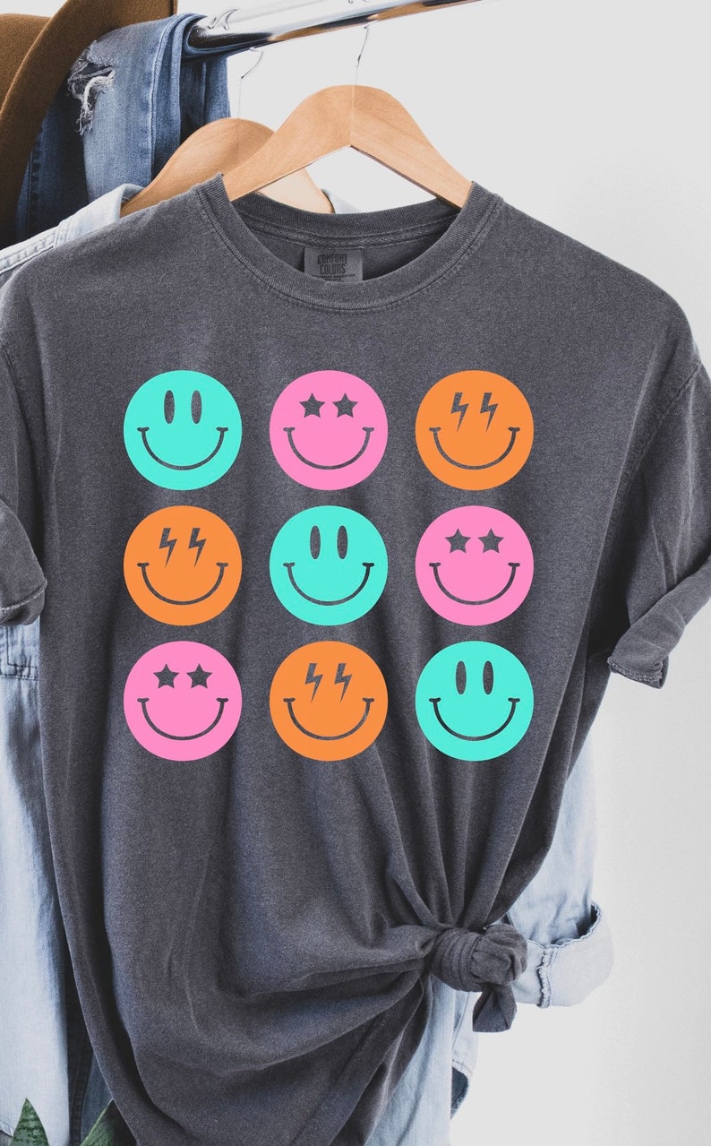 Smile shirt, smiley, smile face shirt, womens T-shirt, womens, smiley T-shirt, womens smiley shirt, face, neon, popular T-shirts, T-shirt image 5