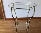 Vintage Brass and Glass Stand, Plant Stand, Octagon Side Table, 2 Tier Hollywood Regency Table