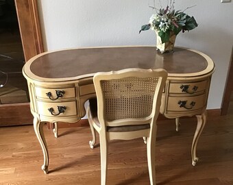 Vintage French Provincial Inlaid Carved Kidney Shaped Ladies Writing Desk