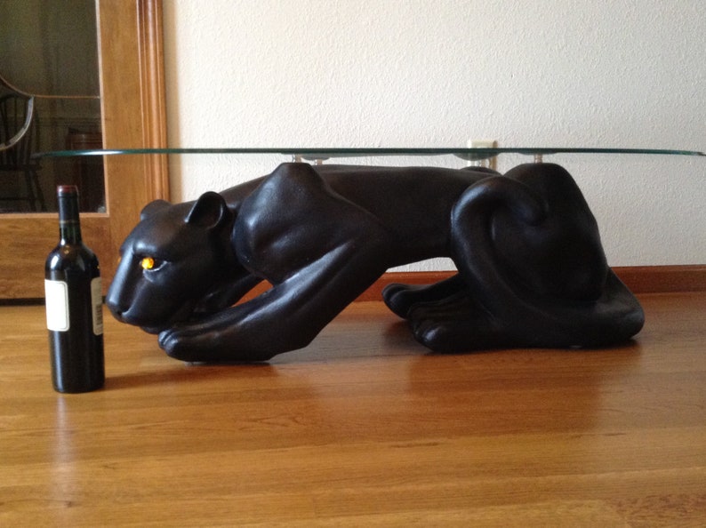 Vintage Black Panther Glass Top Coffee Table