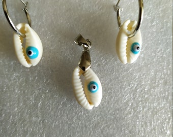 Evil Eye Protection Natural Shell Stainless Steel Hoop Earrings or Pendant