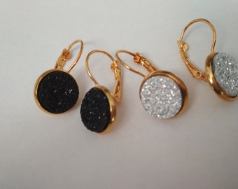 12 mm Black White Resin Druzy Cabochon French Lever Back Silver or  Gold Earrings