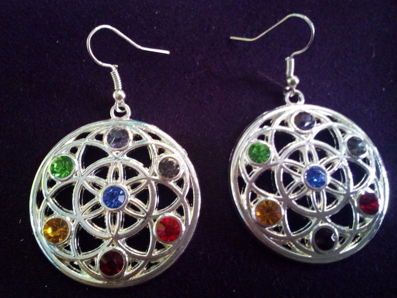 Reiki 7 Chakras Tree of Life Design Crystal Silver Earrings