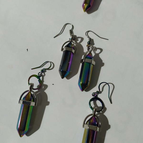 Electropated Rainbow Mystic Reiki Healing Crystal Point Pillar Charm Pendulum Pendant Earrings