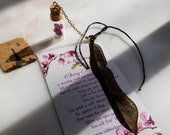 Real Cherry Blossom Dehydrateded terrarium bookmark w 18 gold plated golden feather,Maple,Loutus,Butterfly