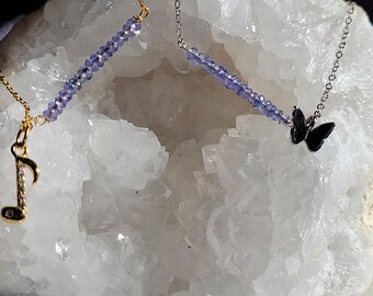 You are a gem, Sweet 16, natural Tanzanite, 925 sterling butterfly, music note charm necklace