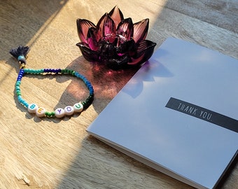 Be You - Colorful micro beaded  tassel  elastic bracelet with Open heart origami thank you card set