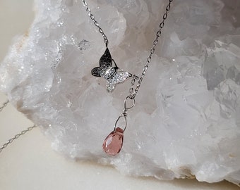 Candy Joyful, natural Paraiba tourmaline, pink tourmaline, 925 sterling butterfly charm necklace, Love natural butterfly.
