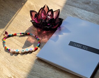 Be You - Colorful micro beaded  tassel  elastic bracelet with Open heart origami thank you card set