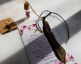 Real Cherry Blossom Dehydrateded terrarium bookmark/w 18 gold plated golden feather,Maple,Loutus,Butterfly