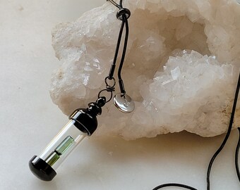 Pure Natural Gem, " Jewel in a Jar " - Top quality Green Tourmaline with  J charm, black stainless steel adjustable necklace