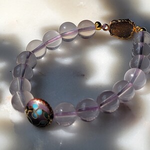 Natural top quality rose quartz with DRUZY stone and handmade pink floral cloisonne inlay gold line paint bracelet