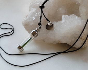 Pure Natural Gem, " Jewel in a Jar " - Top quality Green Tourmaline with  J charm, black stainless steel adjustable necklace