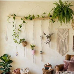 May include: A wall-mounted driftwood branch holds multiple macrame plant hangers with various green houseplants, a hanging macrame tapestry, a round rattan mirror, a small rug, a brown leather armchair, and a wicker basket with textiles.