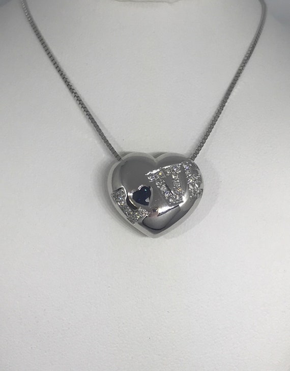 18K White Gold Sapphire & Diamond Heart Pendant