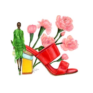 Designer SchuhMode Illustration, Fashionista Girl, Mini Rosen, Aquarell Floral, Ferragamo High Heel