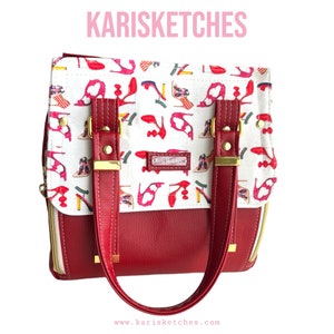 Cartable de luxe, similicuir et coton, sac à main avec poignées, talons hauts rouges, escarpins, cadeau fantaisie