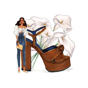 Aquarell Mode Illustration Print, Fashionista Girl, Calla Lilly Blume, Aquarell Floral, Designer Leder Plattform Ferse