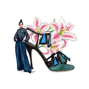 Watercolor Fashion Illustration print, Fashionista girl, Lilly Flower, Watercolor Floral, Leather Stiletto Heel