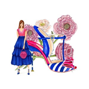 Watercolor Fashion Illustration print, Fashionista girl, Ranunculus Flower, Watercolor Floral, High Heel