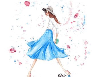 Fashion Illustration print. Strutting Girl, watercolor splash, blue skirt, Mother's Day gift under 10,