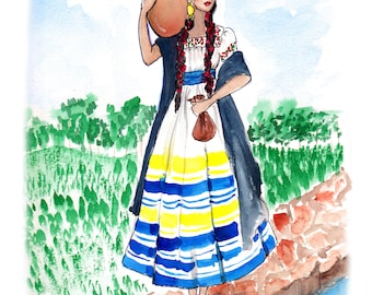 Cantaro, Mexican Artwork, Native Attire, Naguas, Watercolor Art, DIGITAL DOWNLOAD