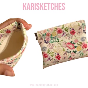 May include: Floral print coin purse with a cream background and red, pink, and purple flowers. The purse is open, revealing a beige interior. The text "KARISKETCHES" is at the top. The website address www.karisketches.com is at the bottom.